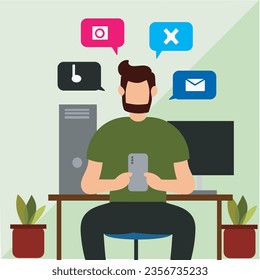illustration of a man using a smartphone to access social media , computer at the background , green theme
