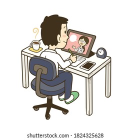 Illustration of a man using a tablet to receive a remote medical examination. Vector illustration on white background.