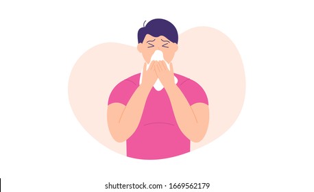 illustration of a man using tissue because he has a cold and flu. sneezing because of a virus. flat design