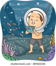 Illustration of a Man Using an Underwater Camera to Take Pictures Under the Sea