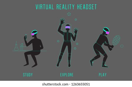 Illustration of man using virtual reality headset for entartaiment, sports and study. Vector set.