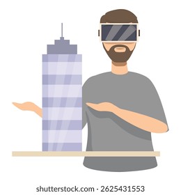 Una ilustración de un hombre usando auriculares vr para interactuar con un modelo de rascacielos virtual