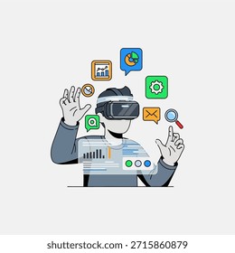 Illustration of man using VR headset and controls