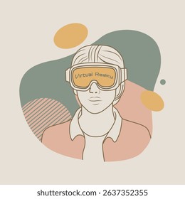 Illustration of a man using VR technology integrated with AI, depicted in colorful line art style, representing the fusion of virtual reality and artificial intelligence.