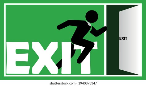 Illustration of man using white emergency exit door, on green background. vector