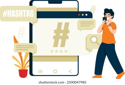 Una ilustración de un hombre que utiliza el uso de etiquetas, una Ilustración vectorial de tecnología empresarial y una ilustración de una persona llena de imágenes. Ilustración de diseño plano