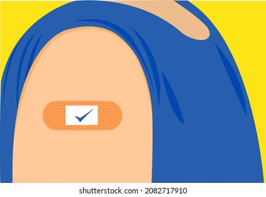 Illustration of a man vaccinated and his hand showing bandage with right mark