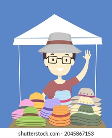 Illustration of Man Vendor Selling Hats at His Stall