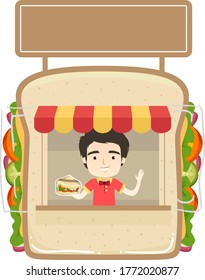 Illustration of a Man Vendor Selling Sandwiches in a Sandwich Shape Store