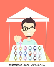 Illustration of Man Vendor Selling Watches at His Market Stall