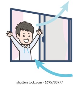 Illustration of a man is ventilating a room. Vector image.