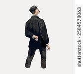 Illustration of a man in vintage attire, holding a knife behind his back. The man wears a suit and cap, exuding a mysterious, old-fashioned vibe. Vintage art illustration, vector.