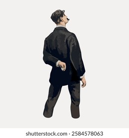 Illustration of a man in vintage attire, holding a knife behind his back. The man wears a suit and cap, exuding a mysterious, old-fashioned vibe. Vintage art illustration, vector.