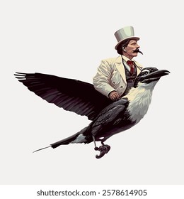 Illustration of a man in vintage attire riding a large crow. The man wears a top hat and suit, perched on the crow, creating a whimsical, surreal scene. Vintage bird illustration vector.