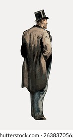 Illustration of a man in a vintage coat and top hat, standing with his back turned. The man is wearing a classic top hat and coat, exuding vintage style. Vintage character art illustration vector.