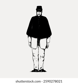 Illustration of a man in a vintage outfit with a hat and cape. Black and white sketch of a man standing. Retro fashion illustration of a man. Vintage illustration isolated on white, vector.