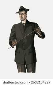 Illustration of a man in a vintage suit and hat holding a cane. The man is wearing a classic suit, exuding a vintage style with a hat and cane. Vintage character art illustration vector.