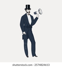 Illustration of a man in a vintage suit and top hat holding a megaphone. The man wears a formal suit, top hat, and holds a megaphone, exuding a vintage style. Vintage illustration isolated, vector.