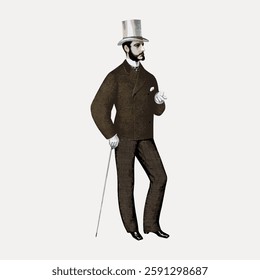 Illustration of a man in a vintage suit and top hat, holding a cane. Classic attire, formal style, vintage fashion. Elegant, sophisticated look. Vintage illustration isolated on white, vector.