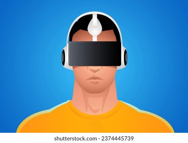 Illustration of a man in virtual reality goggles against a blue backdrop, explore the boundless possibilities of technology and imagination that speaks of innovation and tomorrow's promises
