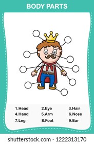 Illustration of man vocabulary part of body,Write the correct numbers of body parts.vector