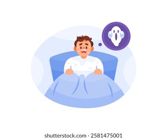 illustration of a man waking up from his sleep because of a ghost dream. fear because of a nightmare. man in bed who is scared. expression and gesture. flat style character design. elements