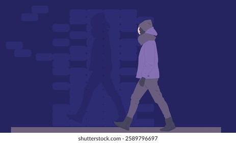 illustration of a man walking alone in the cold at night along a dimly lit street, capturing the atmosphere of solitude 