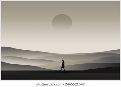 Illustration des Menschen, der allein in der Nacht geht, Mysterienlandschaft , verloren im Weg - Weg, abstrakte Einsamkeit, Wanddekoration