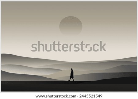 Illustration of man walking alone in night, mystery landscape , lost in the path - way, abstract solitude, wall decoration