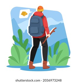 illustration of a man walking back view. camping, hiking. want to make a tent. with a background of mountains, grass, and plants. travel, vacation, travel. flat vector style.