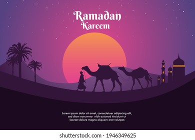
illustration of a man walking with a camel in a desert and a sunset. background and banner ramadan the holy month.
