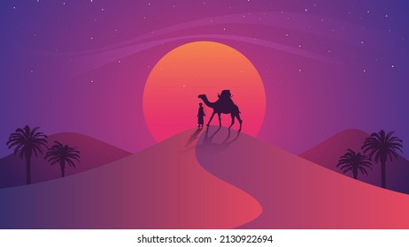 illustration of a man walking with a camel in a desert. background and banner ramadan the holy month.