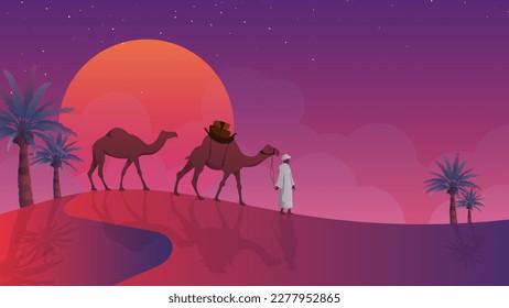 illustration of a man walking with a camel in a desert. background and banner ramadan the holy month.