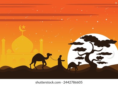 illustration of a man walking with a camel in a desert and a sunset vector
