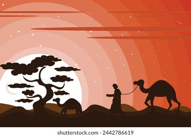 illustration of a man walking with a camel in a desert and a sunset vector