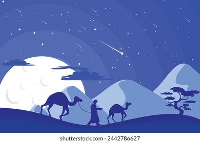 illustration of a man walking with a camel in a desert and a sunset vector