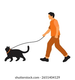 Ilustração do homem andando gato na coleira