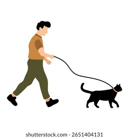 Ilustração do homem andando gato na coleira