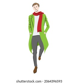 Ilustración de un hombre caminando por la calle usando una bufanda (fondo blanco, vector, corte)	