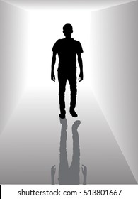 Illustration of a man walking into a bright side, young man entering, Man of the winner