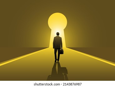 An illustration of a man walking into a keyhole shaped door with light