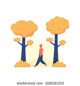 illustration of a man walking leisurely in the park in autumn. people activity. sports and recreation. flat cartoon style. vector design elements