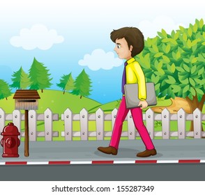 Illustration of a man walking near the mailbox with a binder in his hand