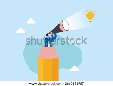 Illustration of a man walking out of a pencil in search of ideas. A creative search for ideas, research, or imagination for designers and anyone needing inspiration.