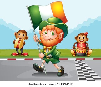 Illustration of a man walking at the road holding the flag of Ireland