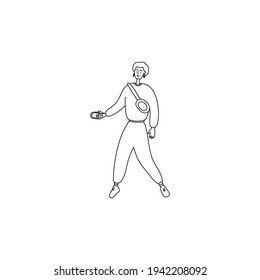 Illustration of man walking and talking on phone. Guy is talking on mobile phone on go. Male character records voice message and listens audio, podcast. Vector linear illustration. Hand drawn graphic