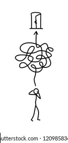 Illustration of a man walking through a labyrinth to the exit. Vector. The labyrinth is like a brain. Metaphor. Linear style. Illustration for a website or presentation. Solving problems in life.