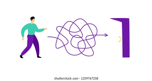 Illustration of a man walking through a labyrinth to the exit. Vector. The labyrinth is like a brain. Metaphor. Flat style. Illustration for a website or presentation. Solving problems in life.
