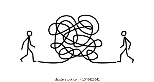 Illustration of a man walking through a maze to a person for a meeting. Vector. Labyrinth is like a brain. Metaphor. The meeting of two people, the relationship between men.