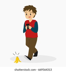 illustration of a man walking while busy with his phone, and not notice the banana peel in front of him